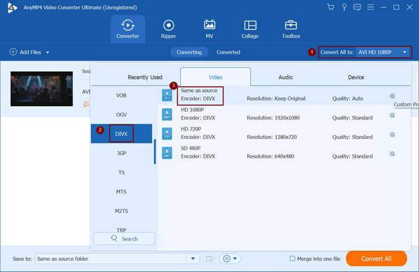 Choose the DivX Export Format