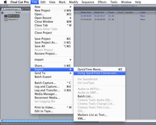 Eksporter menu for at eksportere Final Cut Pro til MP4