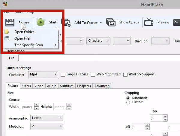 Загрузите видео AVI для конвертации в HandBrake