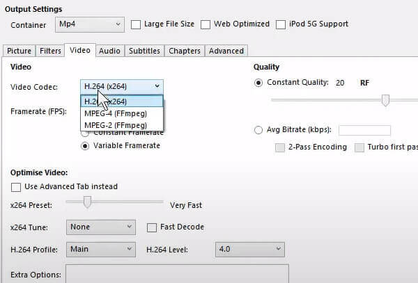 Sélectionnez H264 comme codec vidéo