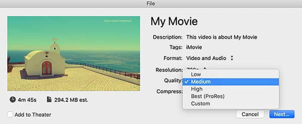 Seleccione Exportar calidad en iMovie