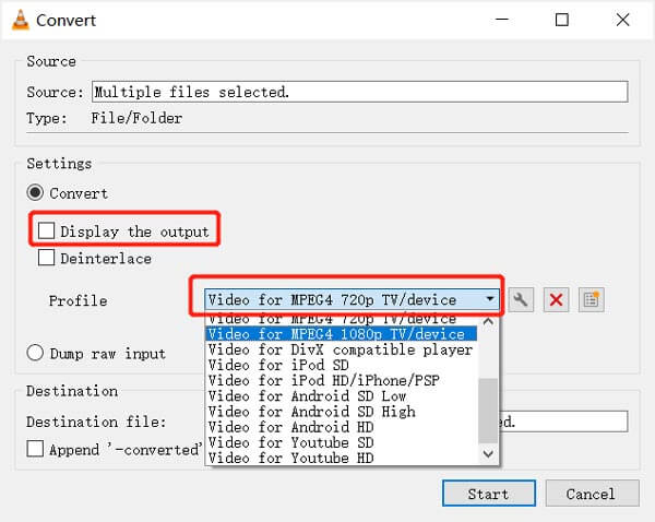 Sélectionnez le format de sortie à partir du profil VLC