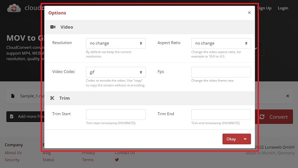 CloudConvert Modifier le paramètre de sortie