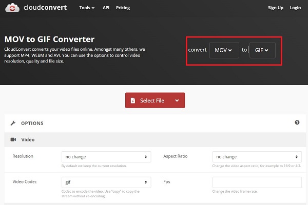 CloudConvert Sélectionner le format