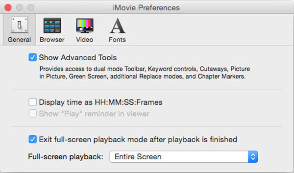 Las preferencias de iMovie muestran herramientas avanzadas