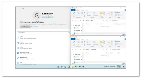 Tela dividida do Windows 11 com três telas divididas