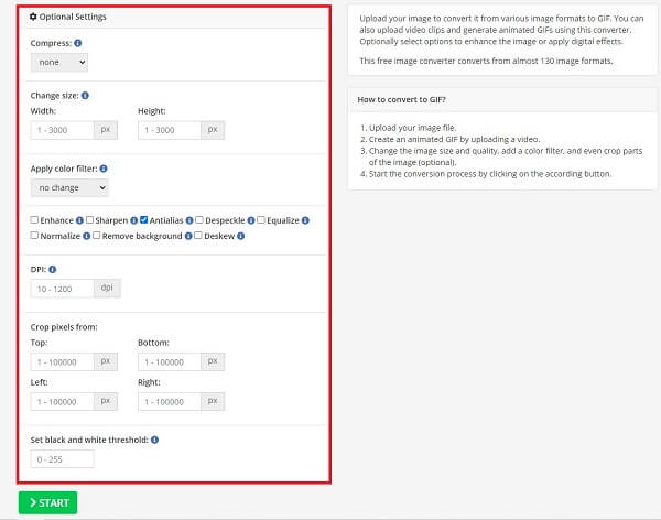 OnlineConvert Modifica le impostazioni di output