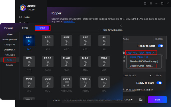 DVDfab Ripper Выберите аудиоформат