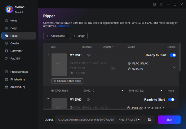 DVDfab Ripper Начать извлечение аудио