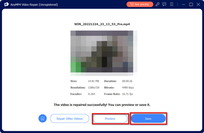 Forhåndsvisning af videoreparation Gem
