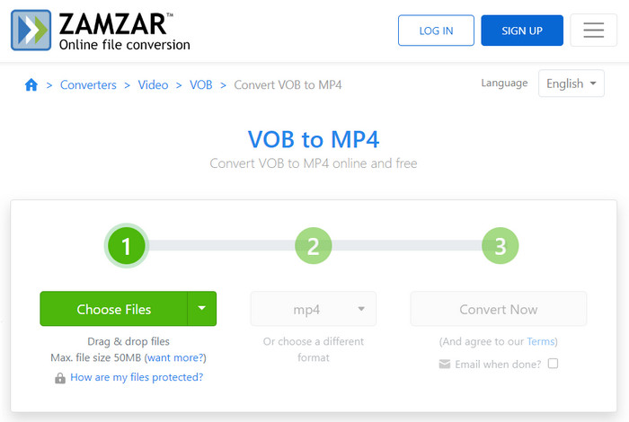 Zamzar Cargar archivos VOB Formato de salida Convertir