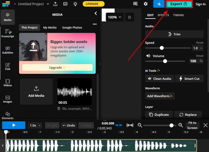 Kapwing Klikněte na Export WAV do Mp4