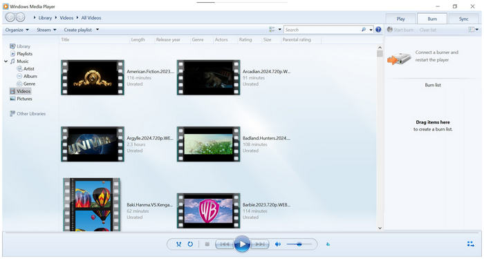 Interface de gravure du lecteur Windows Media