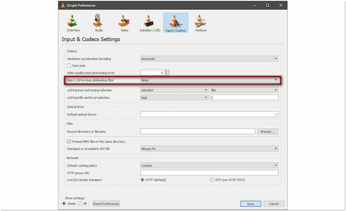 Configurações do codec VLC
