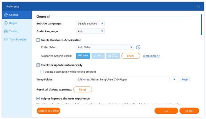 Общие настройки предпочтений
